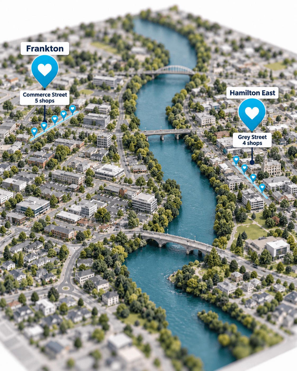 Illustrated Hamilton map showing the Frankton and Hamilton East op-shopping areas