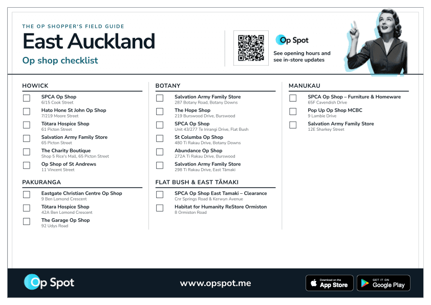 Preview of the printable East Auckland op shop guide