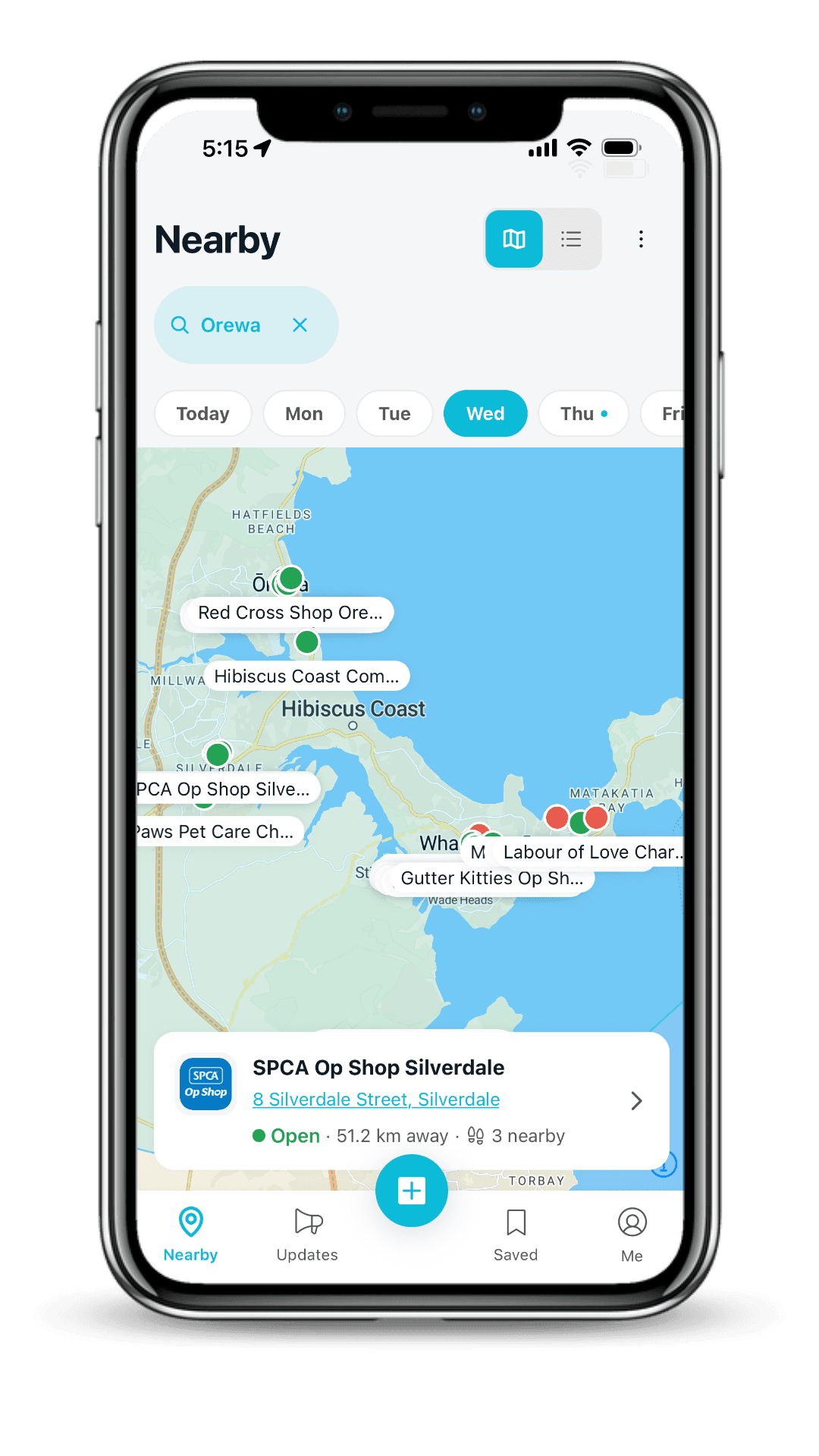 Op Spot on an iPhone, showing a map of op shops around Ōrewa with a shop preview card