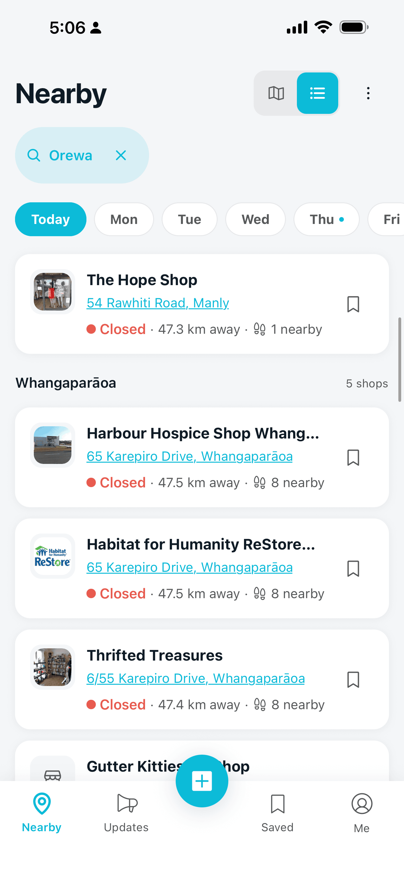 The Op Spot shop list, with open/closed status, distance and shop photos
