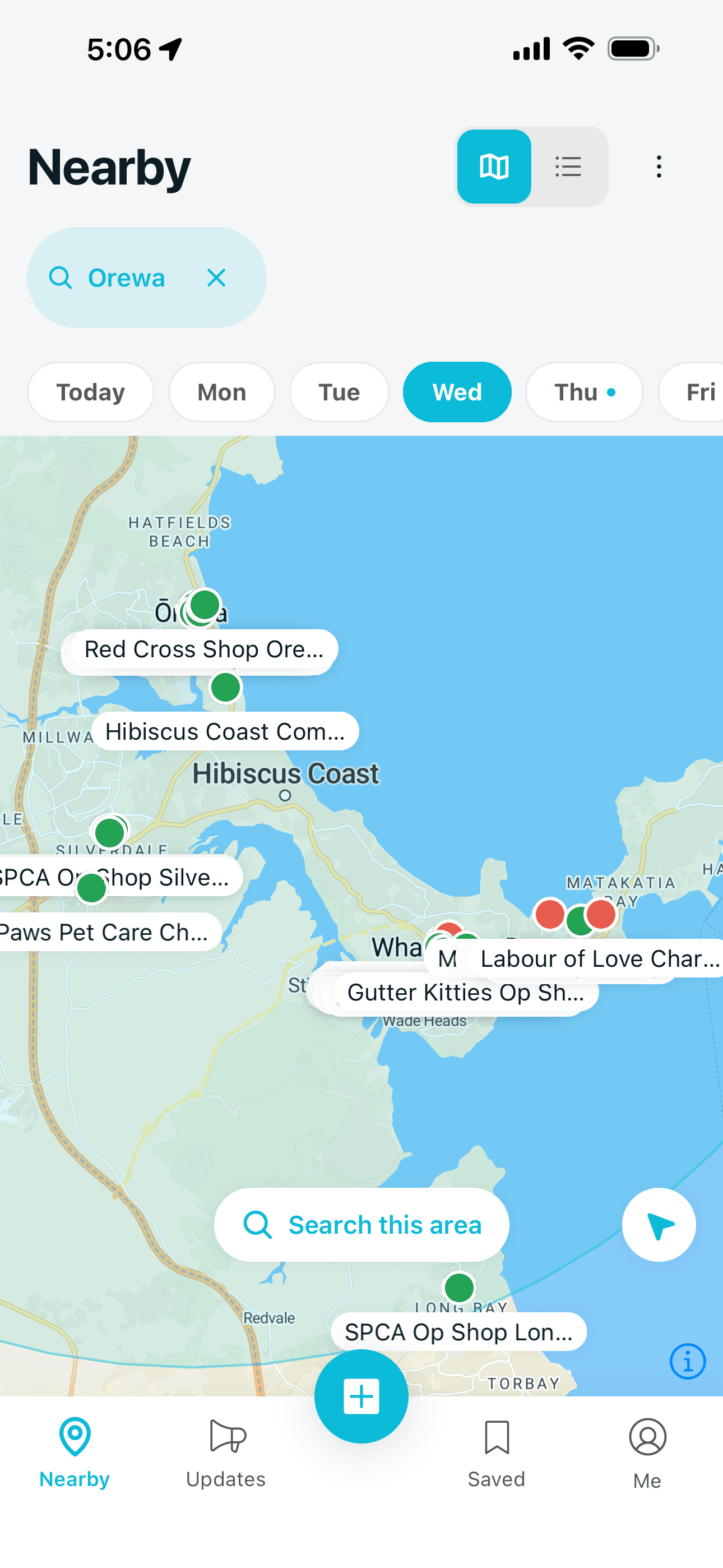 The Op Spot map with pinned op shops across the Hibiscus Coast