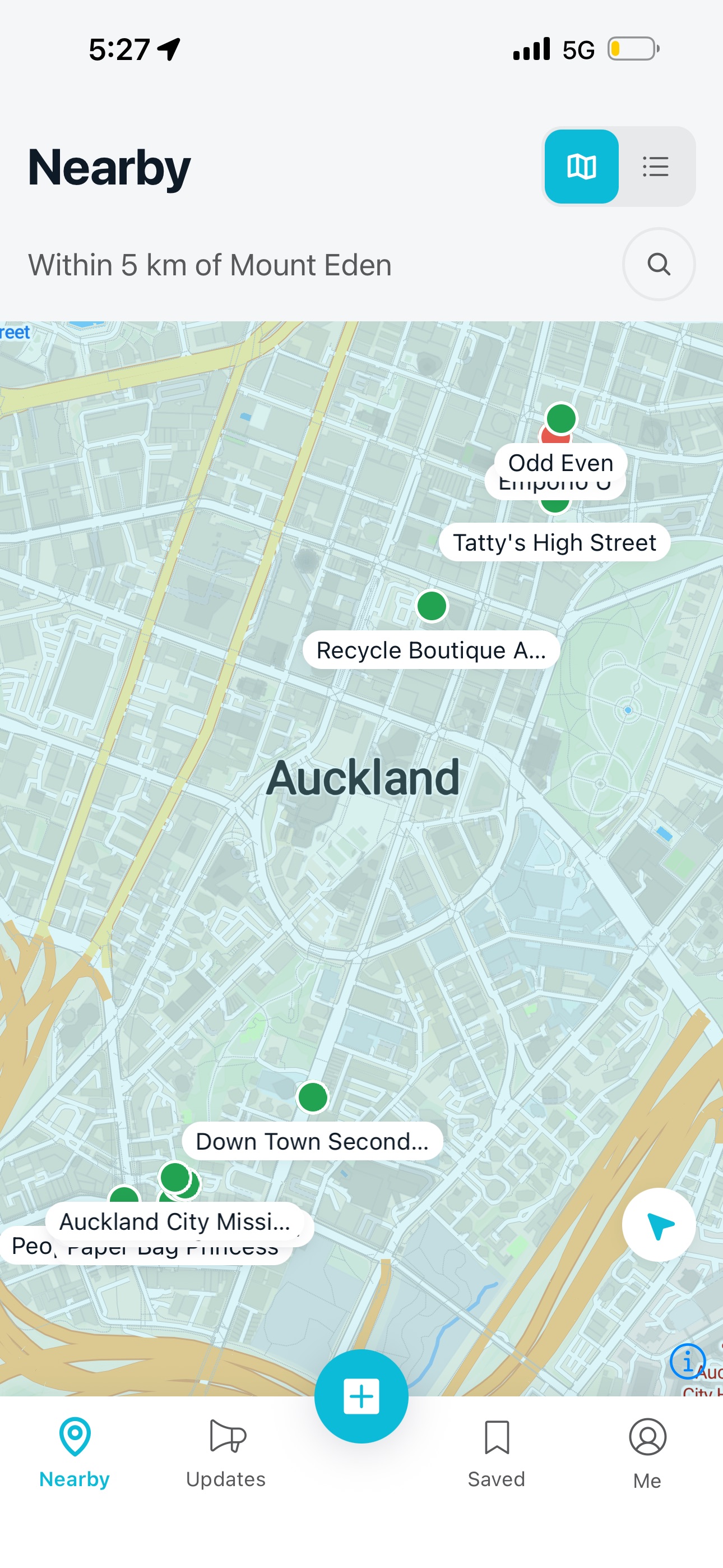 Op Spot Nearby map showing op shop pins across Auckland